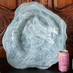 18" Huge Smokey Swirl Art Glass Platter Centerpiece Bowl White Light Blue Gray